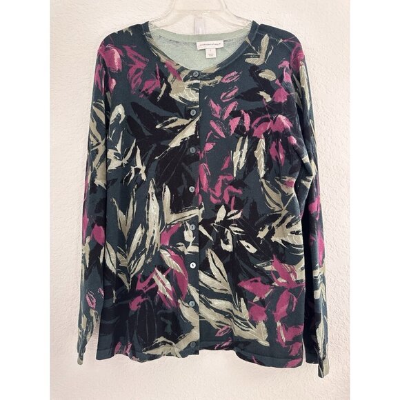 Chistopher & Banks Cardigan Sweater Womens L Green Floral L/S Fairygoth Preppy - Picture 1 of 10